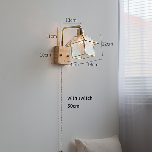 Moderne Wandleuchte mit Zugschalter für den Innenbereich, Nachttisch-Wandleuchte mit E27-Sockel, quadratischer Glasschirm, Wandleuchte, Schlafzimmer, Wohnzimmer, Metallleuchte, verstellbarer Image