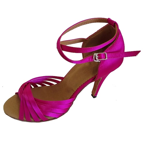 Damen-Latein-Tanzschuhe aus violettem Satin – Riemchen-Ballsaal-Pumps mit offener Spitze und Fesselriemen für Salsa, Tango und Auftritte Image