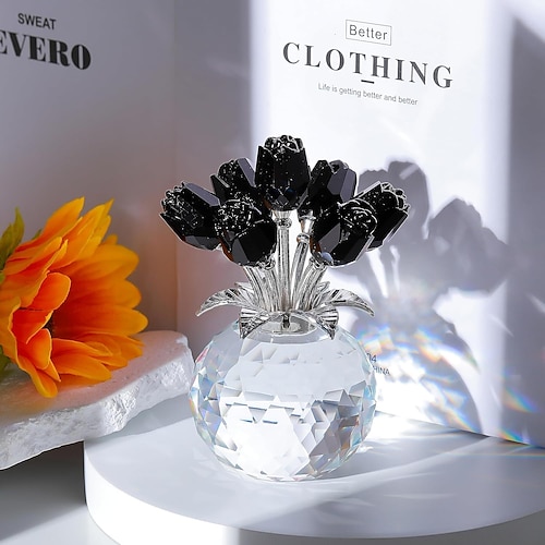 Handgefertigte Kristall Champagnerrose Figur mit runder Vase Romantische Rosen Geschenke für Frauen zur Hochzeit Valentinstag Glasrosen Blumen für Freundin Ehefrau Tischdekoration Weihnachten Geschenk Image