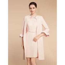 Zwei Teile A-Linie Brautmutterkleid Hochzeitsgast Elegantes Petite Crew-Neck Kurz/Mini Spitze Stretchstoff 3/4 Langarm mit Schleife(n) Rüschen Einfarbig 2025