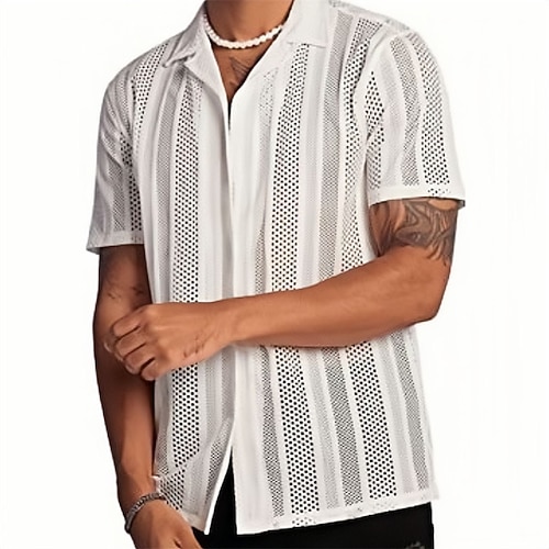 Per uomo Camicia Camicia Estiva Camicia a rete Camicia trasparente Camicetta trasparente Nero Bianco Manica Corta Semplice Collo Camp Vacanza Camicia hawaiana Foro Abbigliamento Poliestere Moda