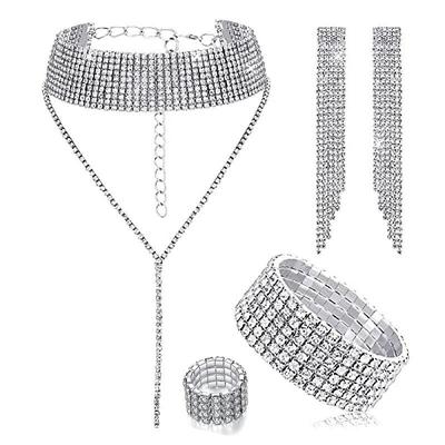 Bride's Full Diamond Claw Chain Tassel Bracelet Earrings Neckchain Three piece Set Jewely Sets