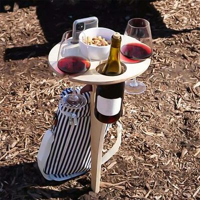 Outdoor Wine Table, Folding Wine Table Stake, Outdoor Wine Picnic Table, Portable Wine Glasses Bottle Holder, Snack and Cheese Holder Tray for Backyard Camping, Beach, Wood Wine Rack