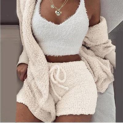 Women's Hooded Pajama Sets 3 Pieces Fluffy Fleece Long Sleeves Coat Shorts Vest for Winter Gift for Valentine's Day