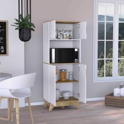 Microwave Tall Cabinet Counter Surface, Top And Lower Double Doors Cabinets -Light Oak / White