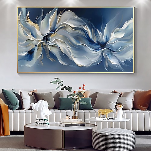 handgemachtes abstraktes Blüten Ölgemälde auf Leinwand groß original strukturiert blau weiß Blume Wand kunst individuell modern Zuhause Wohnzimmer Dekor Geschenk kein Rahmen Image