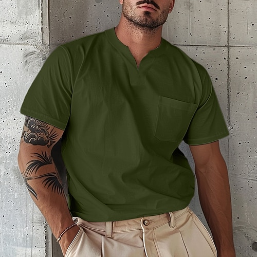 Herren T Shirt T-Shirt Kurzarm V Ausschnitt Sommer Einfach Mode Designer Basic Knöpfe Fronttasche Urlaub Ausgehen Alltagstauglich Hellblau Armee-Grün Marineblau Top T-Shirt für Herren Image