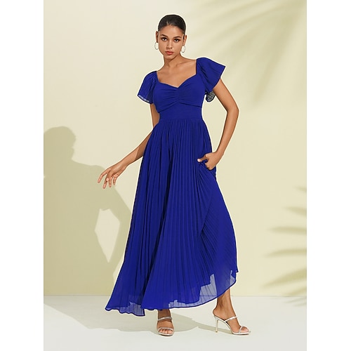 abito lungo a pieghe in chiffon blu reale per invitati a nozze/feste, linea a V, scollo a V, manica corta, per stupire 2024