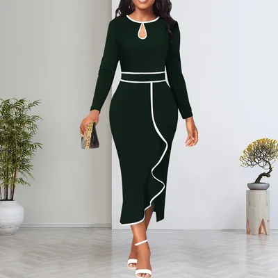 Dresses for Women Elegant O Neck Ruffles Slim Pencil Dress Casual Work Office Lady Vestidos De Shopping