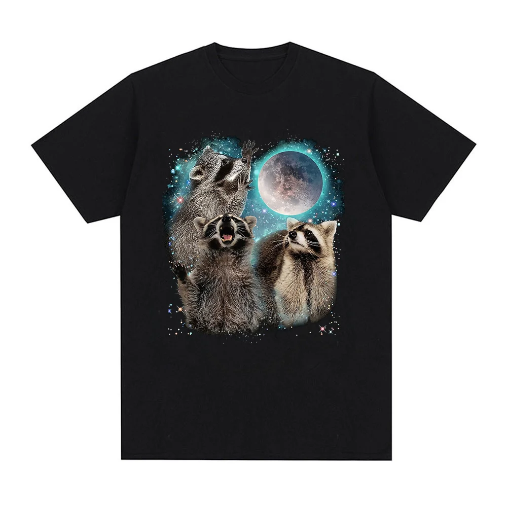 3 Racoon Moon Howling Raccoon Head T Shirt Funny Graphic T-shirts Soft Unisex O-neck Tee Tops EU Size Women Men Clothes