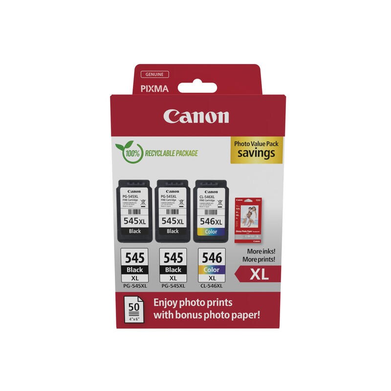 Canon Original PG-545XL + CL-546XL Druckerpatronen Valuepack - 2 x schwarz / 1 x farbig + 50 Blatt Fotopapier (8286B015) Image