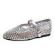 Women's Cutout Ballet Flats Sandals,Casual Comfortable Round Toe Buckle Mary Jane Dress Shoes,Sexy Mesh Rhinestones Ballerina Flat Shoes,Silver,6 UK