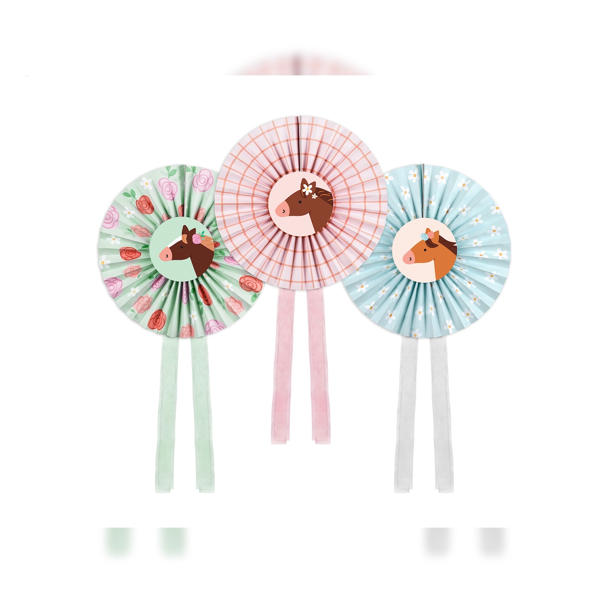 PartyDeco 3 Papier Rosetten 35cm Pferde Motiv Papierfächer Papierrosetten Dekofächer Papierdeko Hängedeko Geburtstagsdeko Kindergeburtstag Tiere Deko Pastell Image