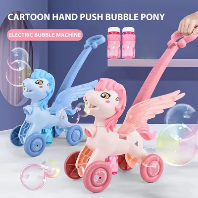 Pony Bubble Machine for Kids Automatic Bubble Lawn Mower with Light & Music Bubble Cart Outdoor Push