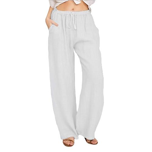 Damen Hose aus Baumwollleinen Hosen Hose Alltagstauglich Lang Einfach Kordelzug Seitentaschen Atmungsaktivität Bequem Unelastisch Wochenende Weiß Marinenblau Khaki Grau Sommer Normale Passform