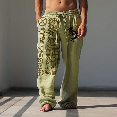 Herren Karo / Karomuster Geometrisches Muster Leinenhosen Baggy-Hosen Mittlere Taille Vintage Ethno-Stil Lässig Outdoor Streetwear Elastischer Bund Frühling Herbst Herbst Winter Grün Khaki Image