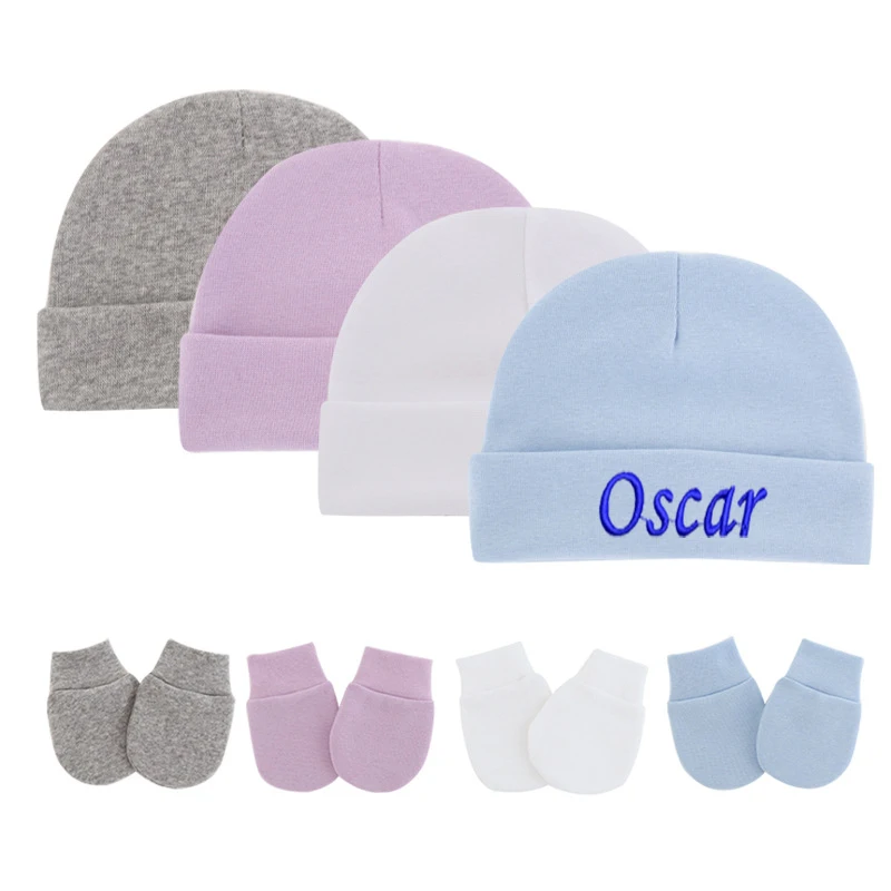 Bonnets pour nouveau-né avec nom brodé personnalisé, chapeau et mitaines mignons en coton extensible pour garçons et filles, gants chauds, cadeaux de réception-cadeau pour bébé