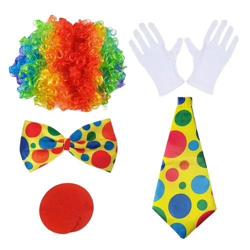 PESENAR Chapeau de fête drôle Costume de clown-perruque de clown, cravate géante, nœud papillon, gants et accessoires de clown
