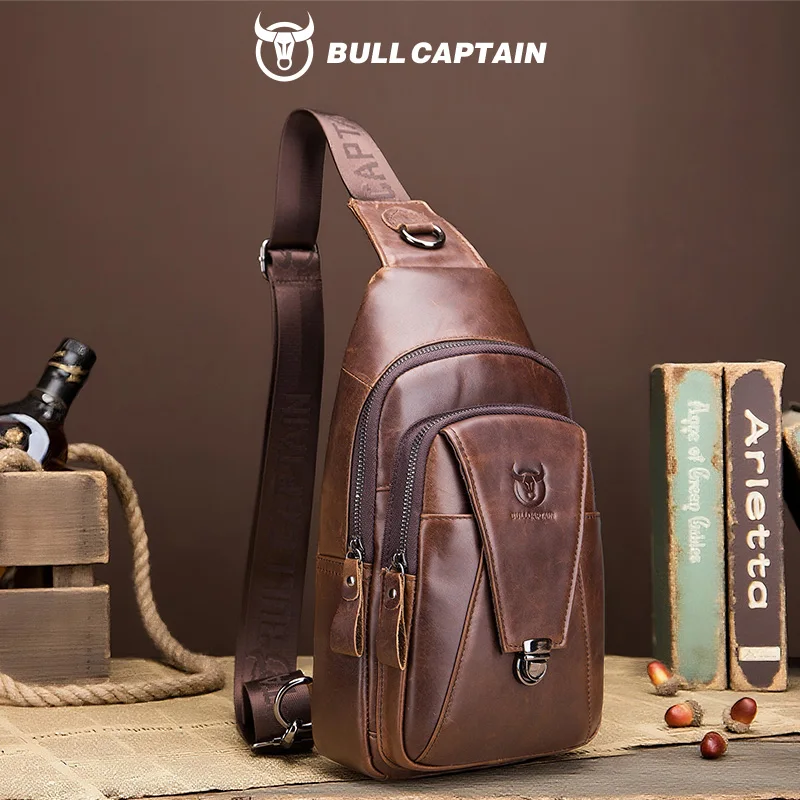 BULLCAPTAIN sac à dos de poitrine en cuir véritable sac de poitrine hommes sac de messager de mode sacs de cartes multifonctionnels sacs de téléphone portable