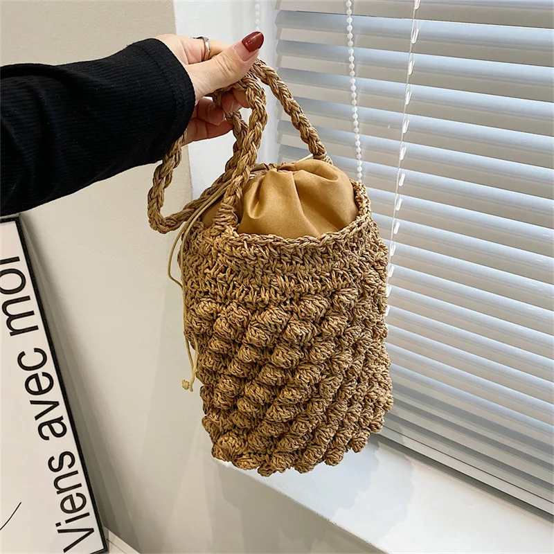 Yogodlns été paille sac à bandoulière femmes grande capacité rotin seau sac à la main tissé sac de plage mode vacances sac à main fourre-tout