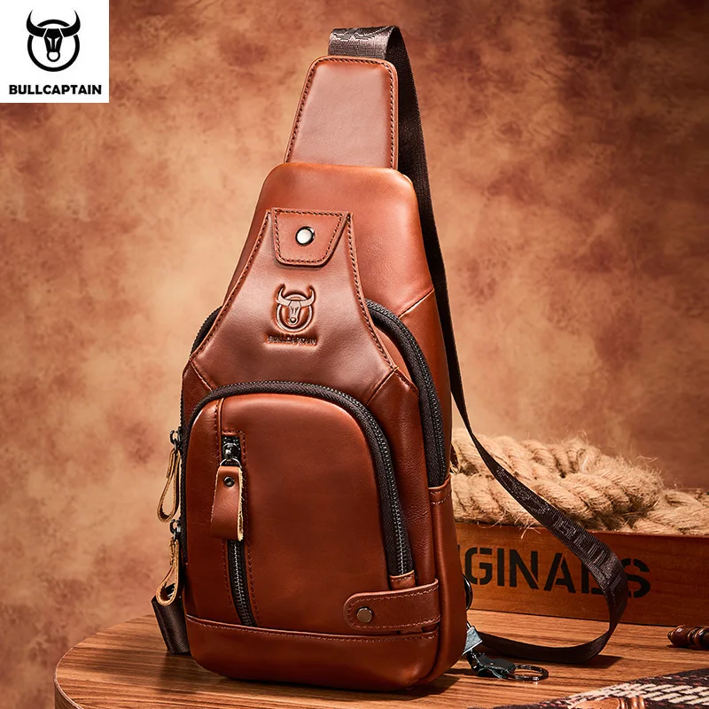 Bullcaptain – sac de poitrine USB pour hommes, sacs à bandoulière 100% cuir véritable, sacoche multifonction de voyage et d'extérieur, sac messager à la mode