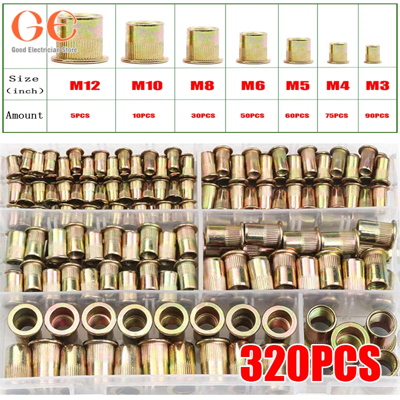 Kit di dadi per rivetti da 320 pezzi Set di assortimento di dadi per rivetti a testa piatta Assortimento di dadi per inserti filettati, bulloni e dadi M3-M12