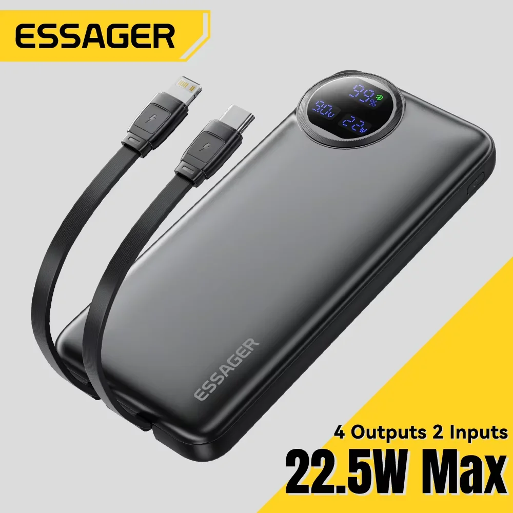 Essager 20000 mAh tragbare Powerbank mit 2 Kabeln 22,5 W Digitalanzeige Powerbank für iPhone 15 14 Samsung Huawei Power Bank Image