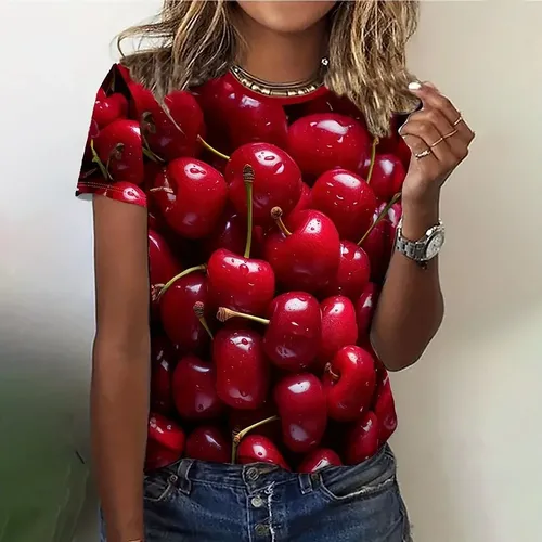 Obst druck T-Shirt Damen Sommer Rundhals ausschnitt Mode lässig lose 3d T-Shirt elegante übergroße