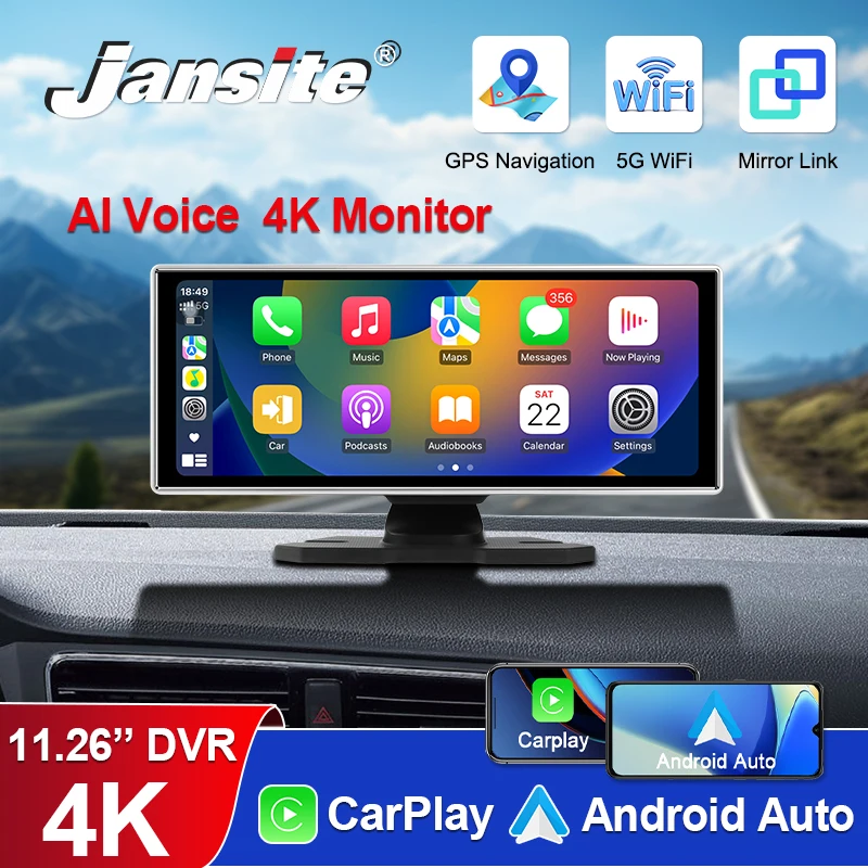 Jansite 11,26 Zoll Wireless CarPlay & Android Auto Dash Cam 4K DVR Bluetooth Audio AUX GPS Navigation Dashboard Video Recorder Image