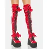 Rote Lack leder Plattform Bogen über dem Knie Stiefel klobig unten vorne schnüren Frauen Winter süße Punk Mode Freizeit schuhe