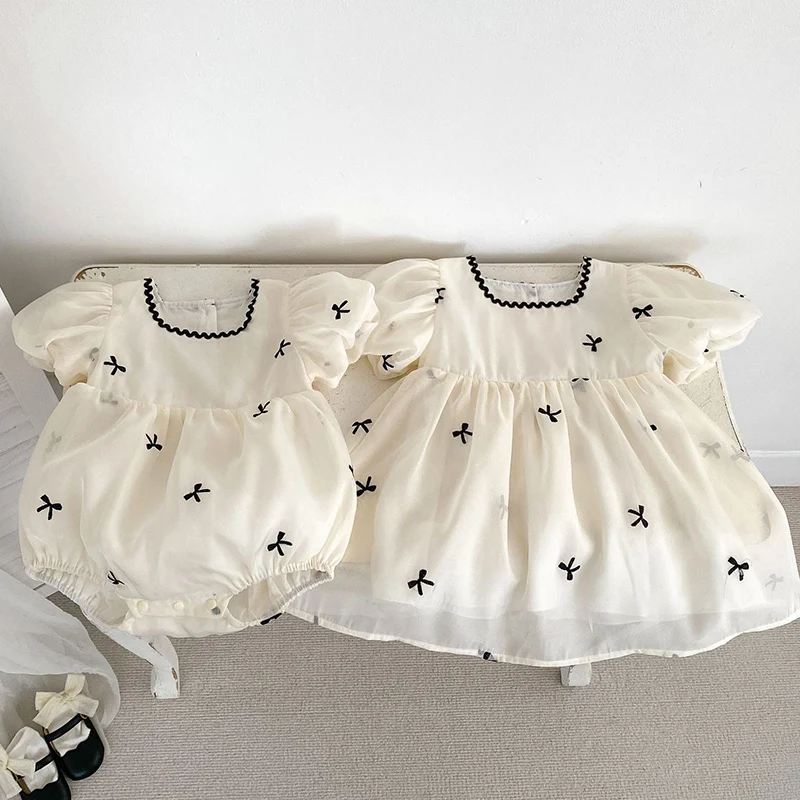 Kinder Schwestern Kleidung Sommer Baby Mädchen Kleid Kleinkind Mädchen Nette Schleife Gaze Kleid Schwestern Puff Sleeve Kleinkind Süße Prinzessin Kleid Image