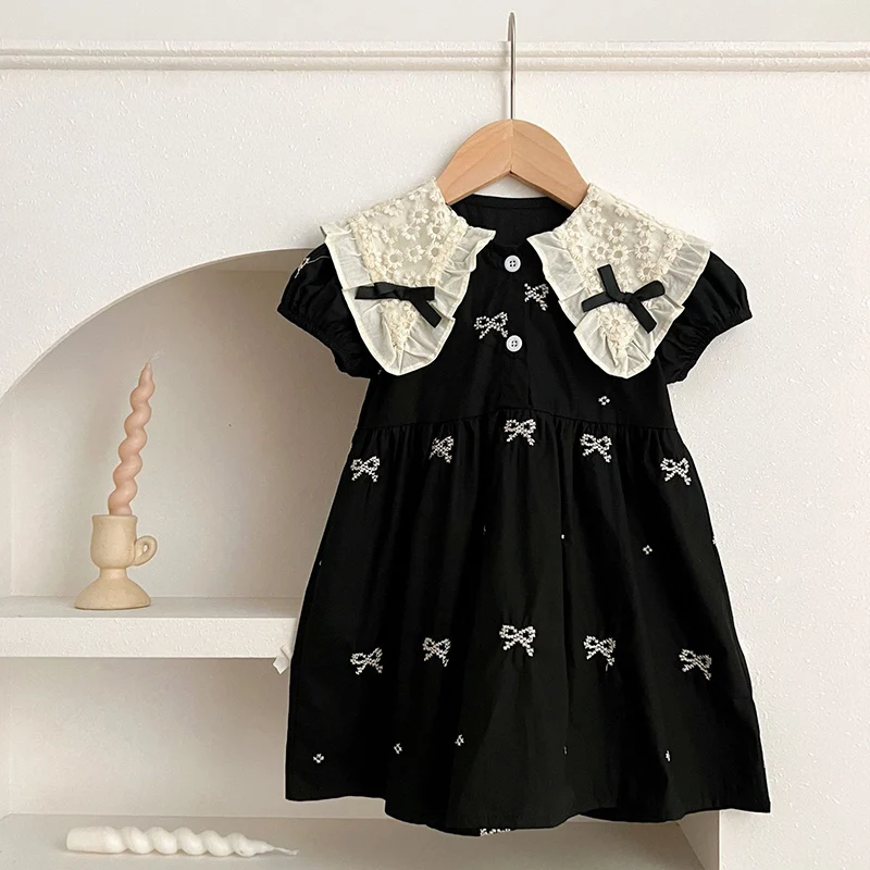 Mode Mädchen bestickt Bogen Knoten Kleid Sommer neue kleine Mädchen Kleinkind Prinzessin Kleider Spitze Kinder Kurzarm Party kleidung Image