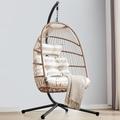 Swing Egg Chair, Rattan Hanging Egg Chair With Cushion, Foldable Egg Chair Outdoor Indoor, Garden Patio Hammock Chair With Stand & Adjustable Height, upto 160 Kg Weight Capacity