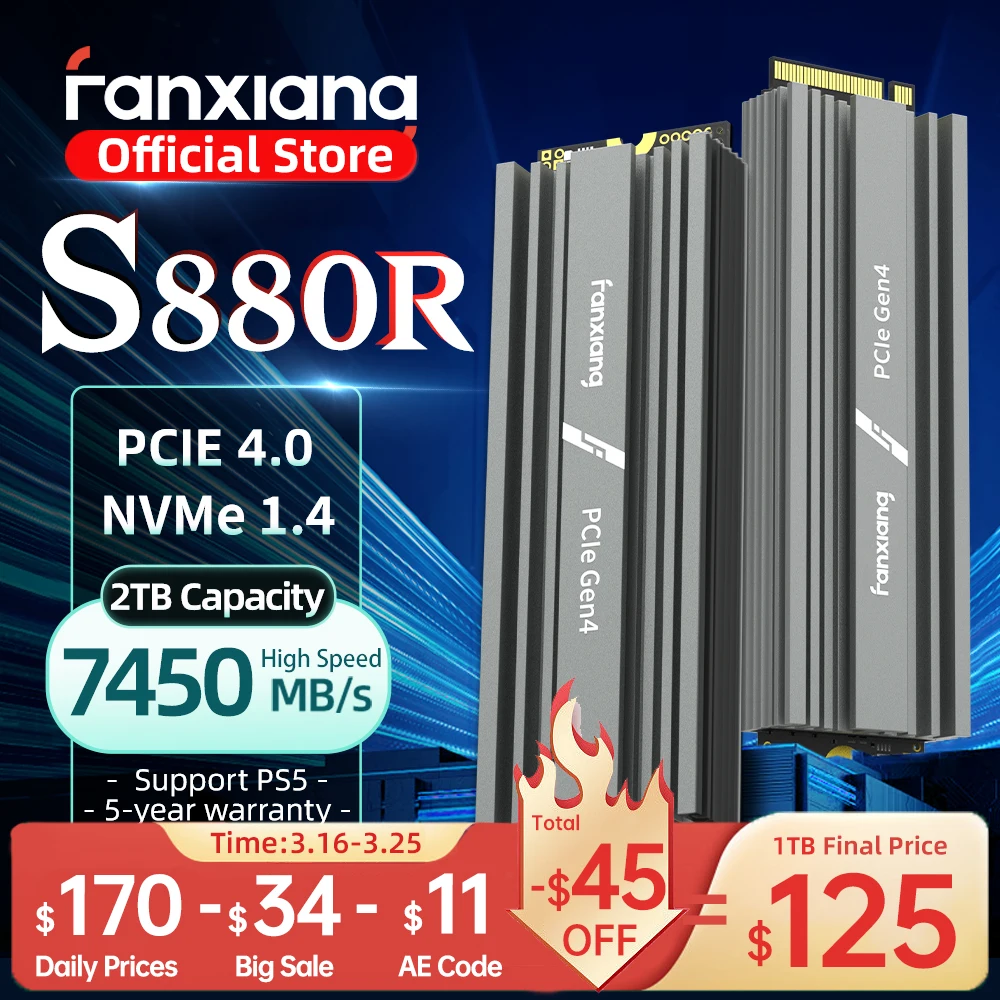 Fanxiang S880R 7450MB/s SSD NVMe M.2 2280 4TB 2TB 1TB Interne Solid-State-Festplatte mit Kühlkörper SSD-Laufwerk für PS5 PC Laptop Image