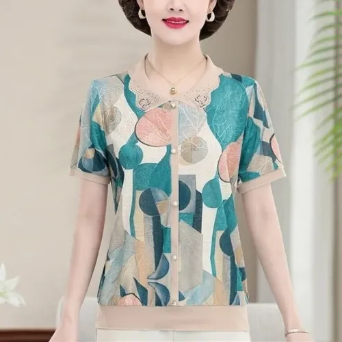 Pullover mit Rundhals ausschnitt geometrische Kontrast farbe Strass Perlen Kurzarm Damen T-Shirt