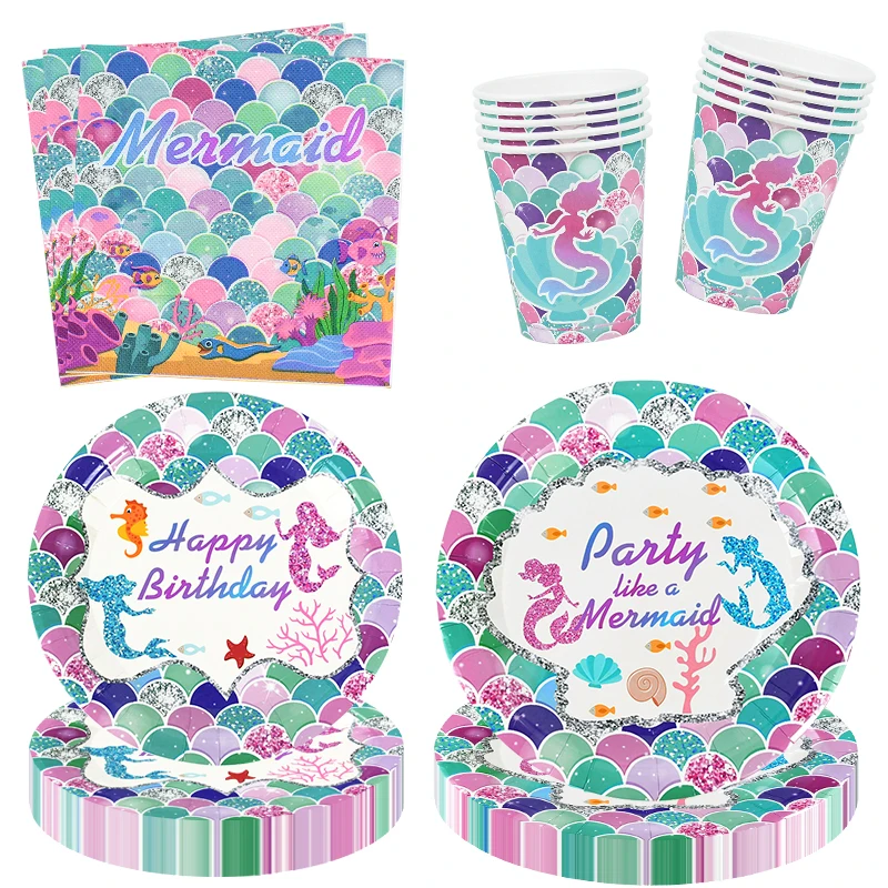 Meerjungfrau Party Einweg geschirr Set kleine Meerjungfrau Papp teller Tasse Serviette Kinder Mädchen Meerjungfrau Geburtstag Dekoration Lieferungen Image