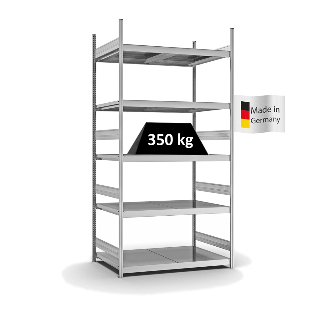 PROREGAL Weitspannregal Stecksystem T-Profil | HxBxT 300x150x80cm | 5 Ebenen | Stahlplatten-Fachboden | Fachlast 350kg | Verzinkt | Lagerregal Image