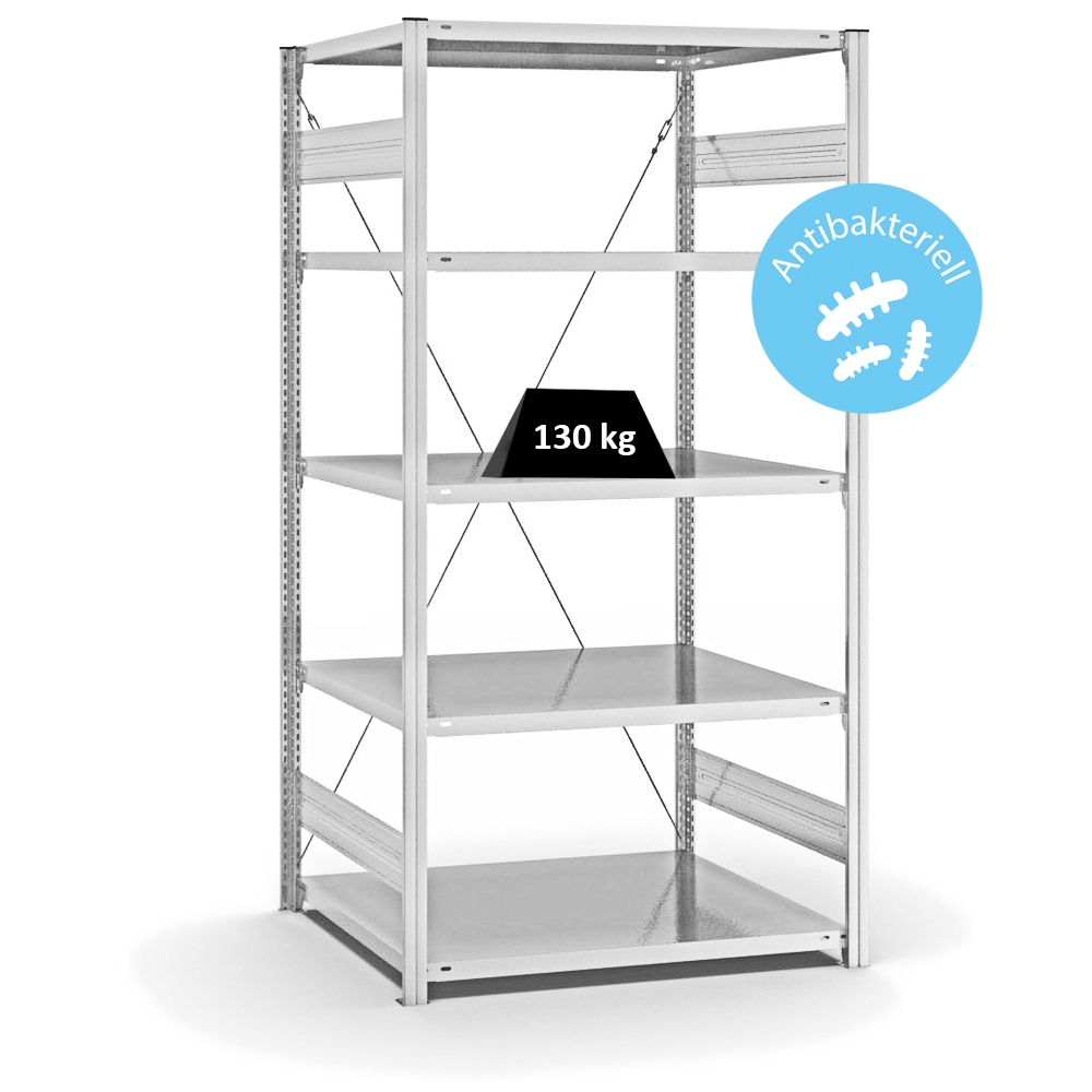 PROREGAL Antibakterielles Fachbodenregal Stecksystem T-Profil | HxBxT 200x100x80cm | 5 Ebenen | Traglast 130kg | Antibakterielle Beschichtung | Weiß Image