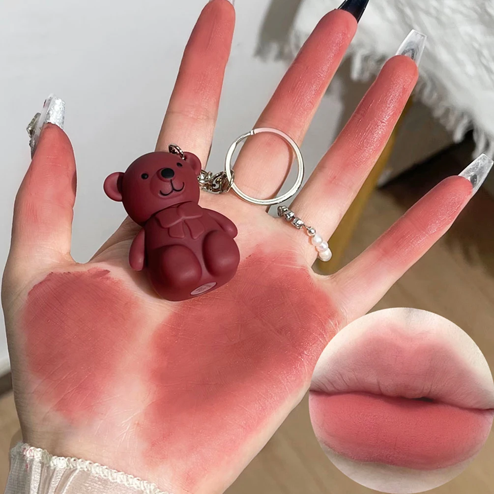 Schlüsselanhänger-Design, süßer Bär, matt, Lippenschlamm, Lippenstift, samtige Lippenglasur, sexy roter Lipgloss, Damen, langlebig, Lippentönung, Schlammkosmetik