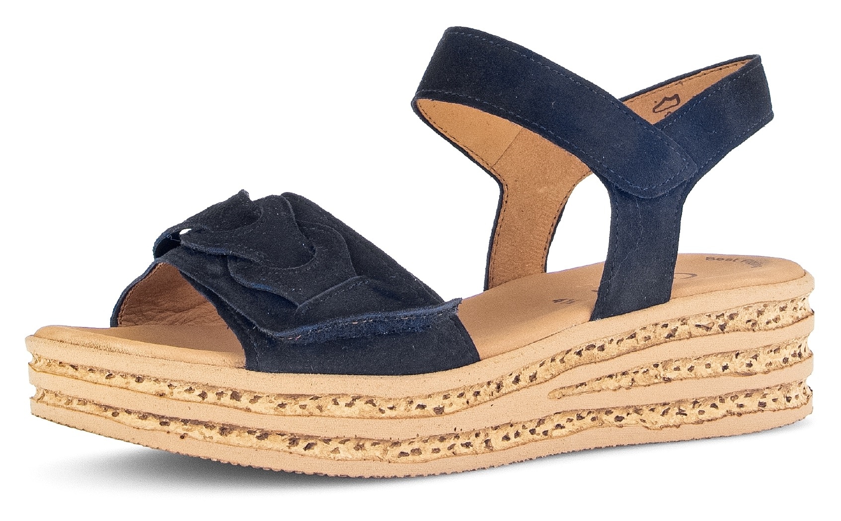Keilsandalette GABOR, Damen, Gr. 44, blau (nachtblau), Ziegenveloursleder, unifarben, Schuhe, Sommerschuh, Riemchensandale mit praktischen Klettverschlüssen