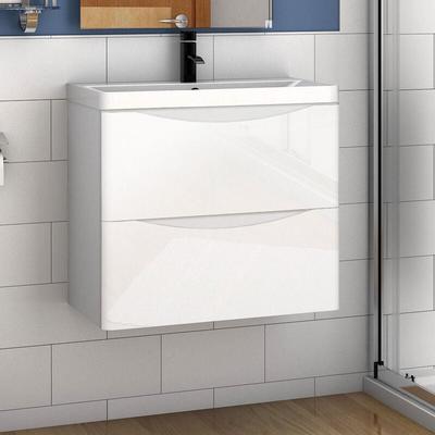 Waschtisch mit Unterschrank Waschbeckenunterschrank Badmöbel 60cm Hochglanz Weiß mit Waschbecken Image