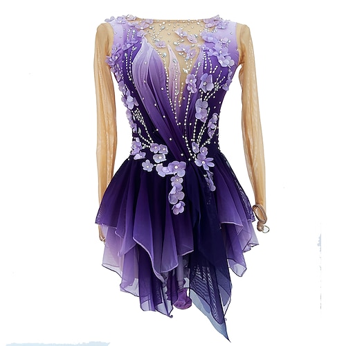 Eiskunstlaufkleid Damen Mädchen Eislaufen Kleider Purpur Daumenloch Halo-Färbung Hochelastisch Professionell Wettbewerb Eiskunstlaufkleidung warm Kristalle Langarm Eislaufen Eiskundstlauf Image