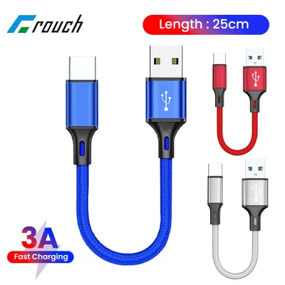 0.25m Short USB C Cable 3A Type C/Micro Fast Charging Cable Power Bank Data Cord For Samsung Huawei Xiaomi Nylon Braided Wire