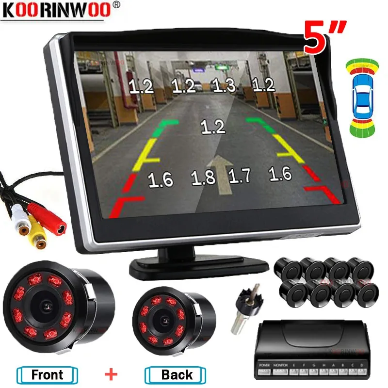 Koorinwoo Dual-CPU-Parksensoren, 4 vorne + 4 hinten, Kit-Kamera mit Monitor, Rückfahrkamera, Auto-Zubehör, Schwarz/Weiß/Rot Image