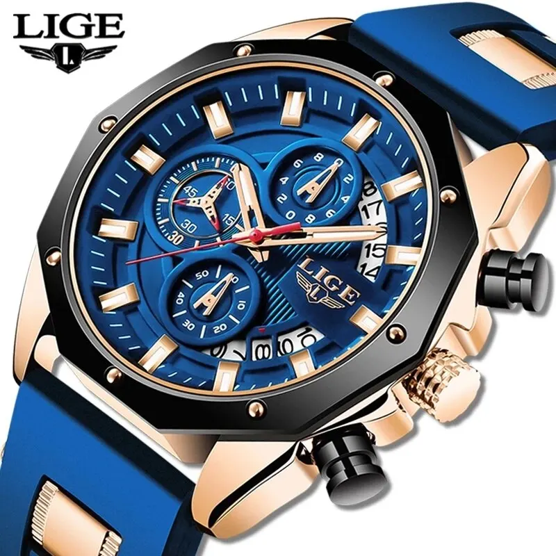 Lige mode herren uhren top marke luxus silikon sport uhr herren quarz datum uhr wasserdicht armbanduhr chronograph uhr mann