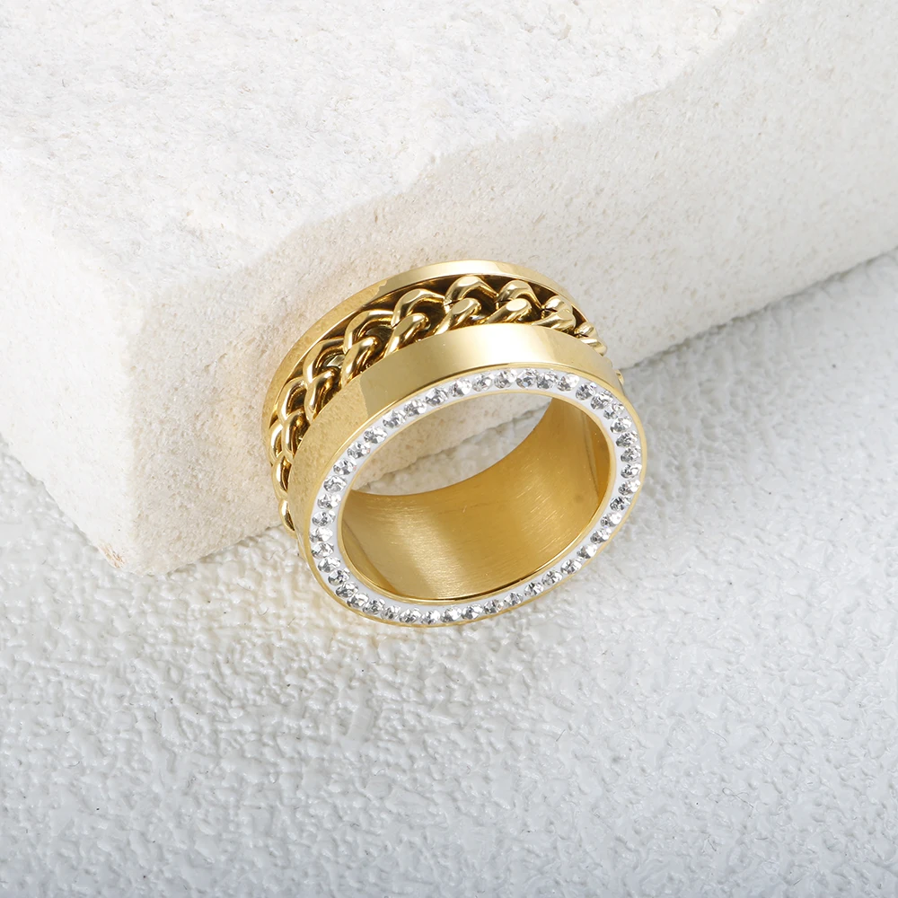 Punk Edelstahl kubanischen Bordstein Glieder Kettenblatt für Männer Frauen Gold Farbe Twist Muster Kristall Fingerringe weiblichen Schmuck