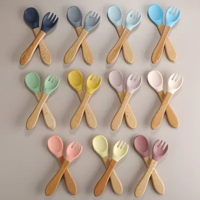 2pcs/set Tableware Baby Spoon Fork Set Children's Silicone Wooden Feeding Training Baby Dinnerware