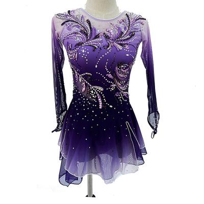 Figure Skating Dress Women's Girls' Ice Skating Dress Purple Thumbhole Halo Dyeing High Elasticity Professional Competition Skating Wear Thermal Warm Crystal / Rhinestone Long Sleeve Ice Skating