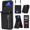 Custodia per telefono per Samsung Galaxy Z Flip 6 Z Flip 5 Z Flip 4 Z Flip 3 con borsa per mano portafoglio con cerniera e tracolla removibile con supporto per schede in pelle PU solida