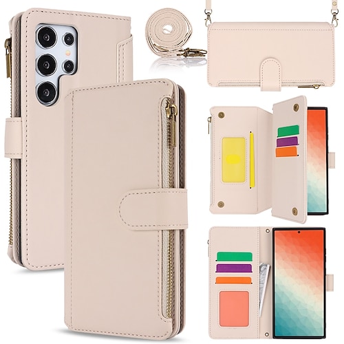 Handy Hülle Handyhüllen Für Samsung Galaxy S24 S23 S22 Plus Ultra S23 FE A55 5G A35 5G A25 A15 A14 A54 Brieftaschenhülle Magnetisch Reisverschluss mit Trageriemen Retro TPU PU-Leder Image